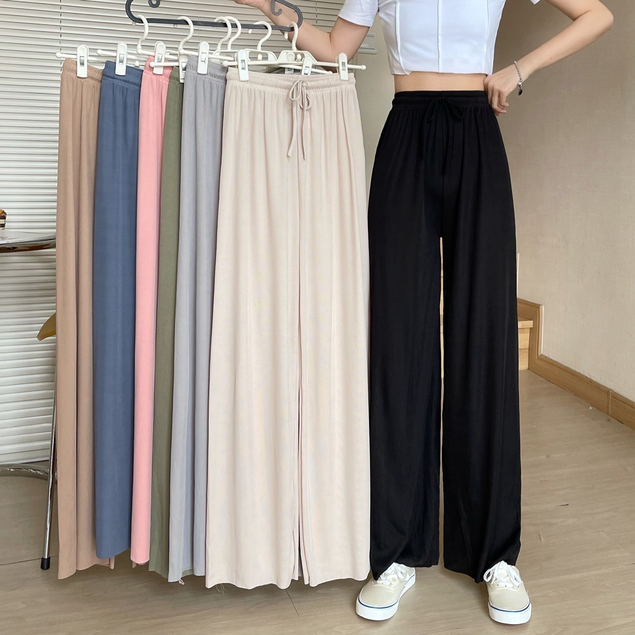 Ice Silk Wide-Leg Pants Women's Summer Thin 2024 New High Waist Drooping Slimming and Straight Loose Mopping Casual Pants Women Clothes