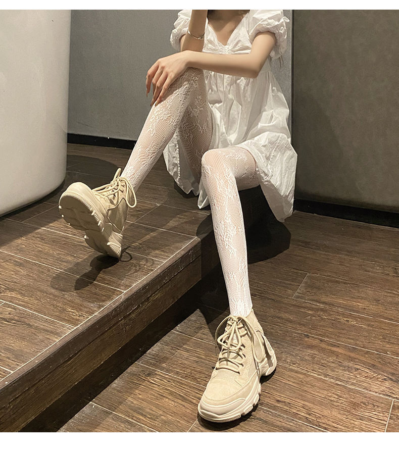 lolita镂空蕾丝网袜打底连裤袜日系洛丽塔复古花藤白色黑丝袜子女