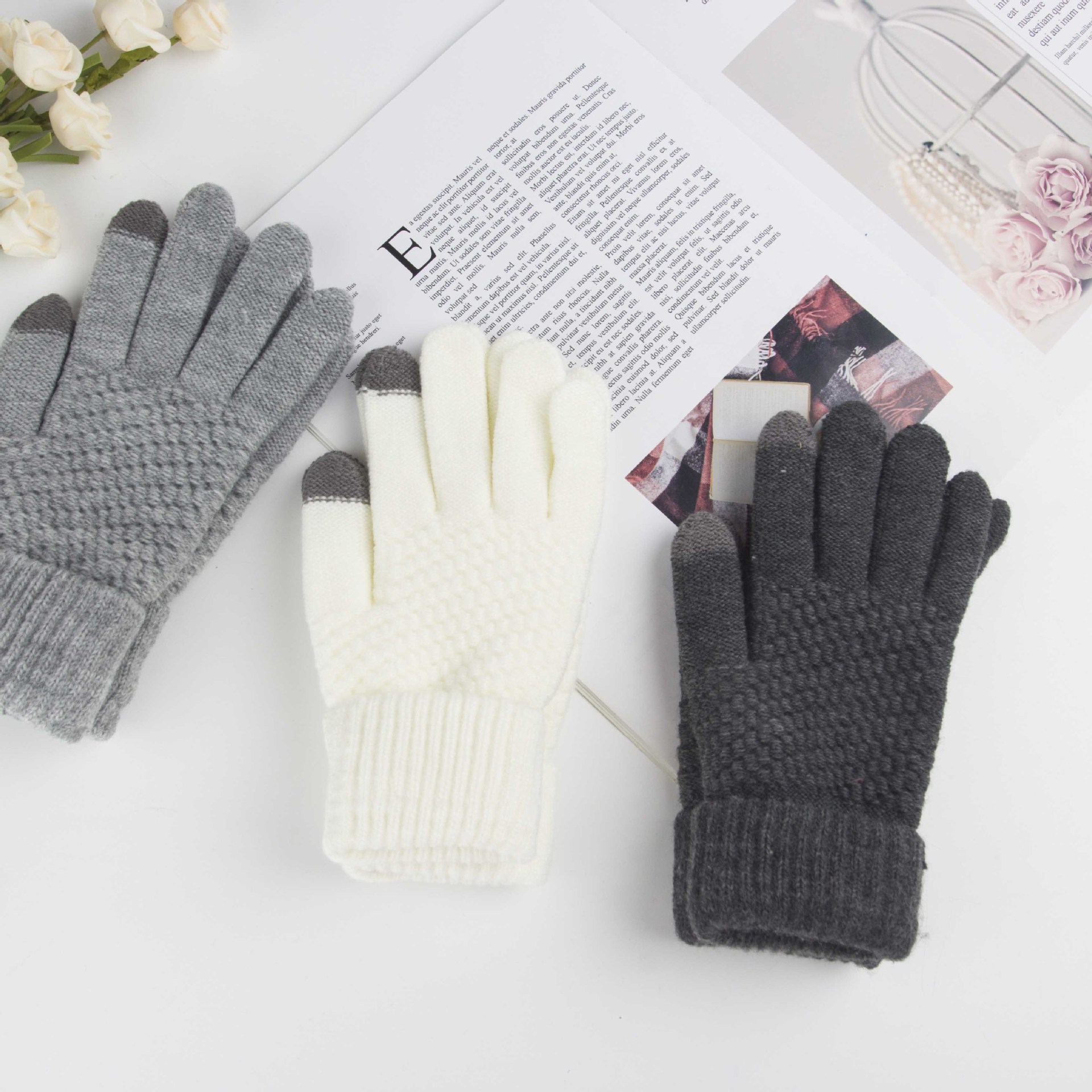 冬季新款简约风针织毛线触屏手套骑行保暖防风手套-阿里巴巴