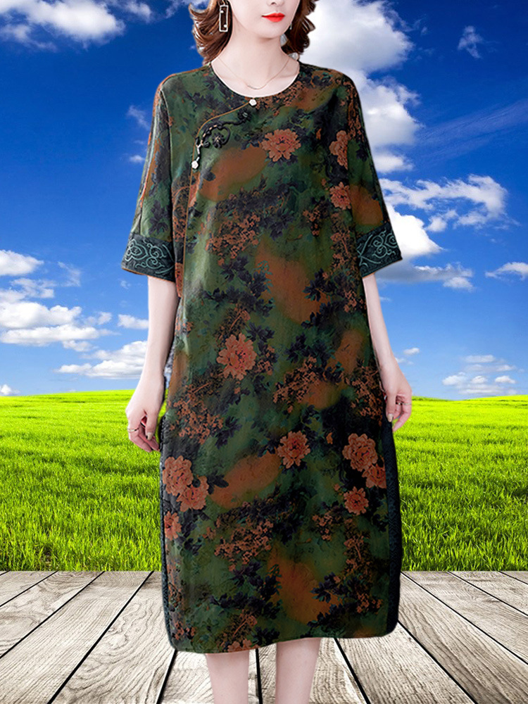 断码清仓大牌香云纱真丝连衣裙秋装洋气减龄显瘦妈妈装桑蚕丝裙子