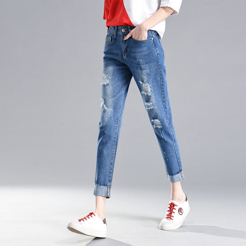   Ripped Jeans Women's oose Beggar Korean Spring and Summer New Bf Students Slimming Elastic Hemmed Ankle-ength Pants