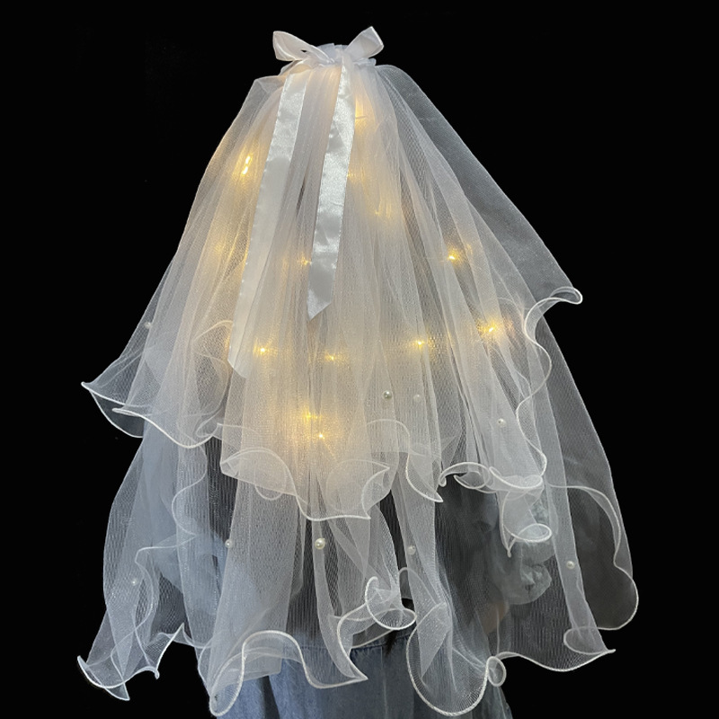 Veil Headdress Super Mori Internet Celebrity Children's Luminous Photo Props Bride's Main Wedding Dress License Registration White with Light
