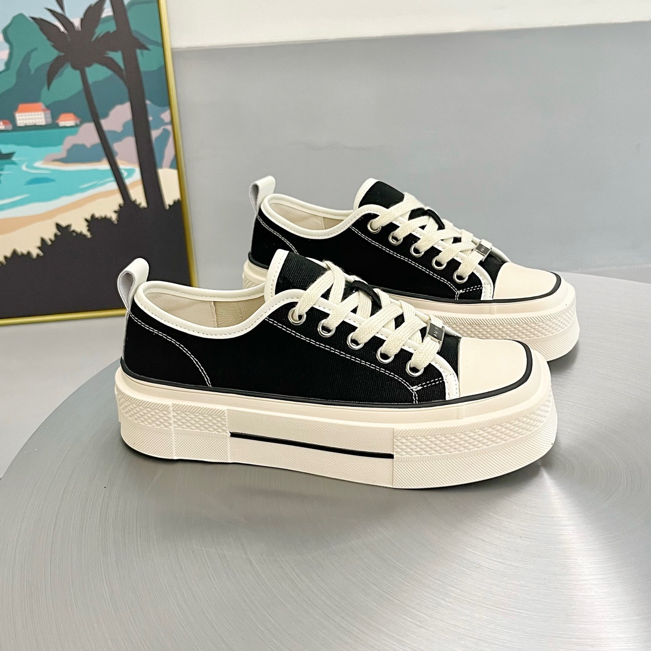 厚底方头帆布鞋2023春夏季新款透气百搭休闲鞋女学生系带板鞋