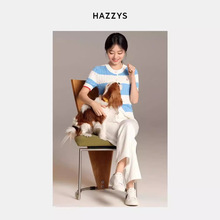 Hazzys/哈吉斯女士新款绞花宽条纹开衫短袖针织衫一件代发