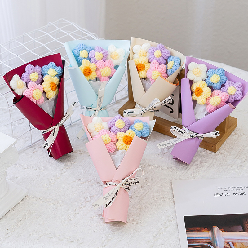 mother‘s day gift creative mini knitted flower puff flower bouquet wool bouquet floral decoration small gift