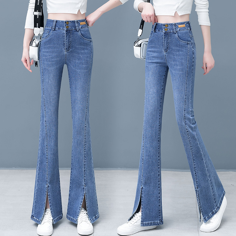 Split Skinny Jeans Spring and Autumn 2024 New High Waist Junior High School Students Straight-Leg Wide-Leg Pants Female
