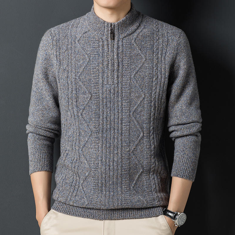 100纯羊毛男士半高领拉链羊毛衫毛衣中青年加厚打底针织衫内搭男