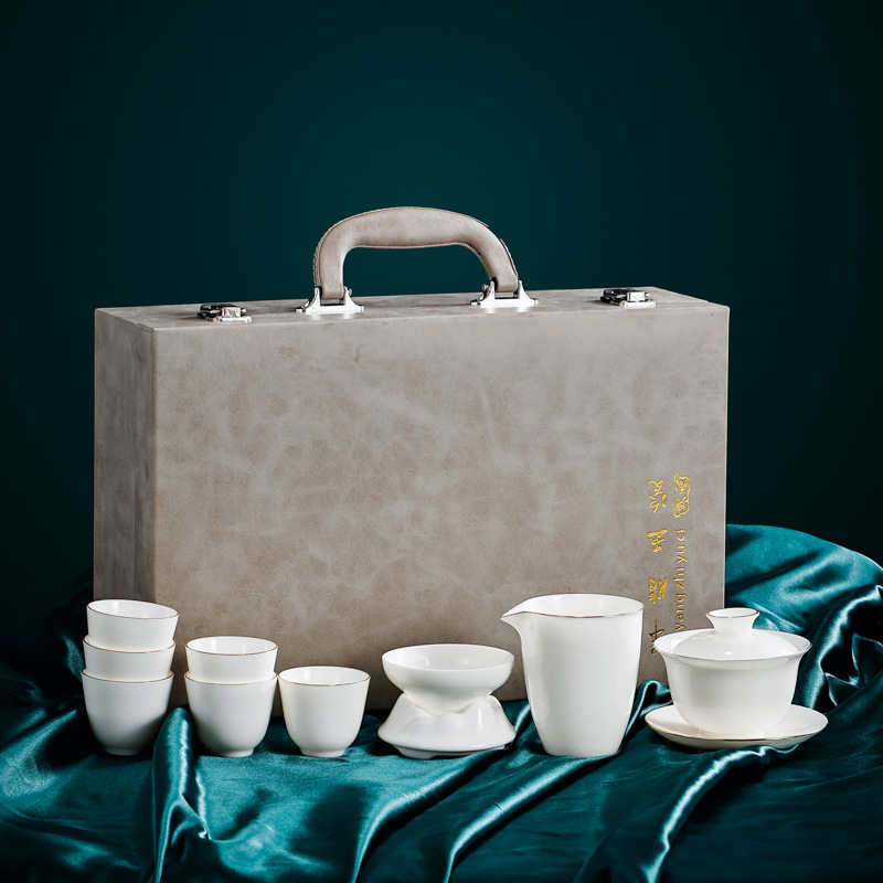 White Jade White Porcelain Teaware Set Home Office Visitors Light Luxury High-End Porcelain Gaiwan Kung Fu Tea Cup