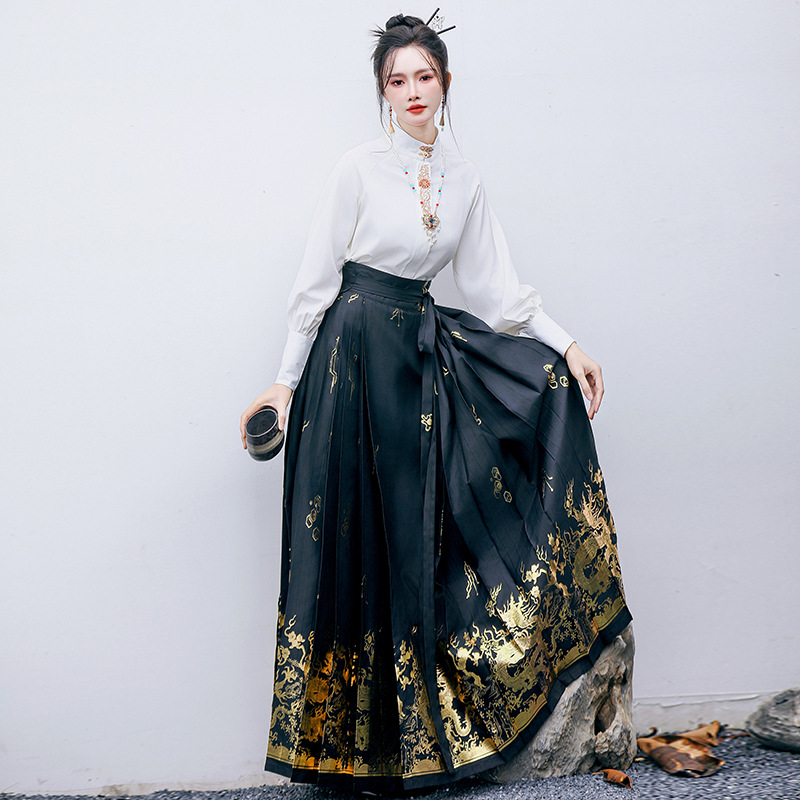 中国风明制烫金龙纹马面裙女装优雅提花立领新中式衬衫汉服古风女