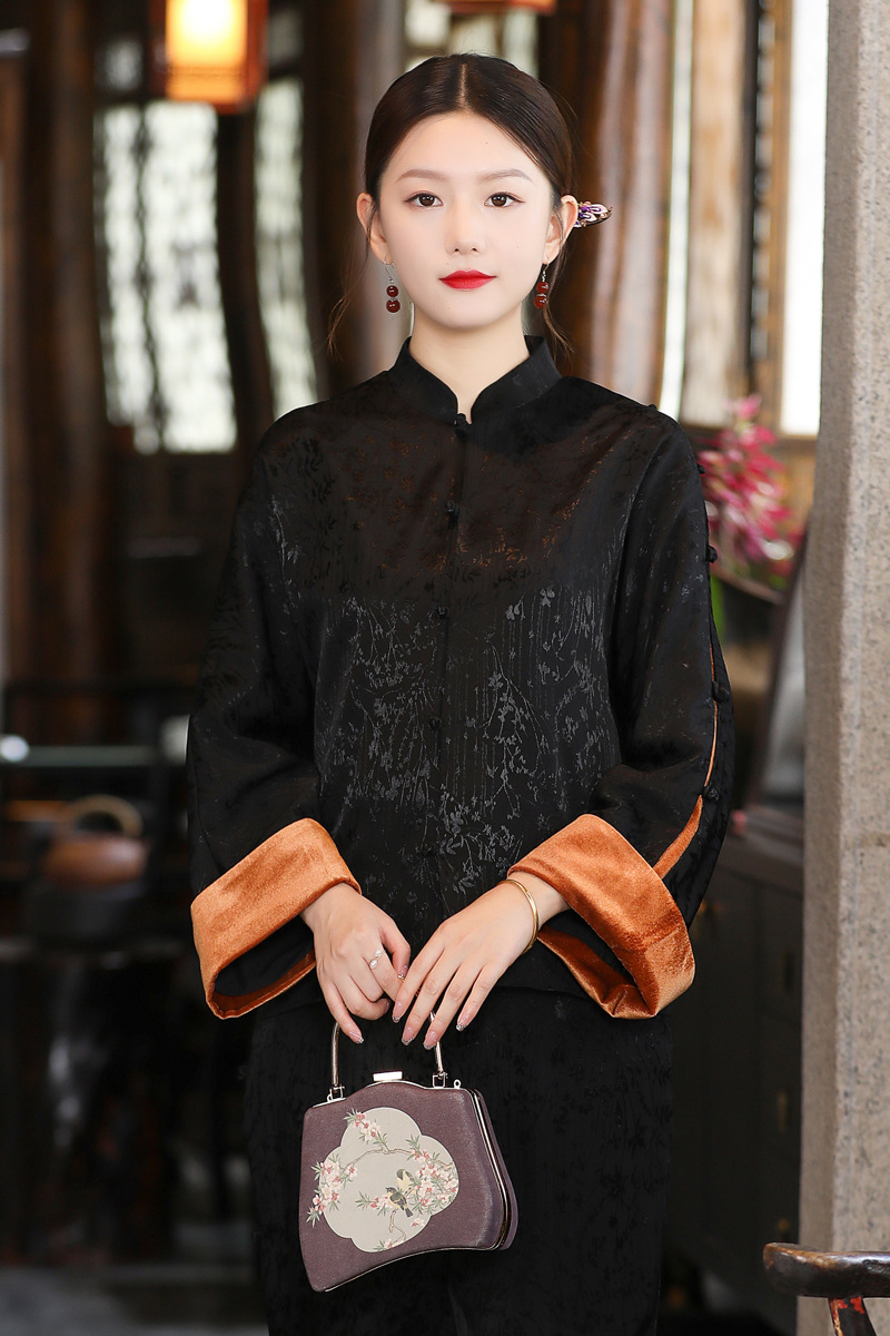 中式复古外套中国风中式开衫盘扣唐装拼接袖口女装上衣裤套装女