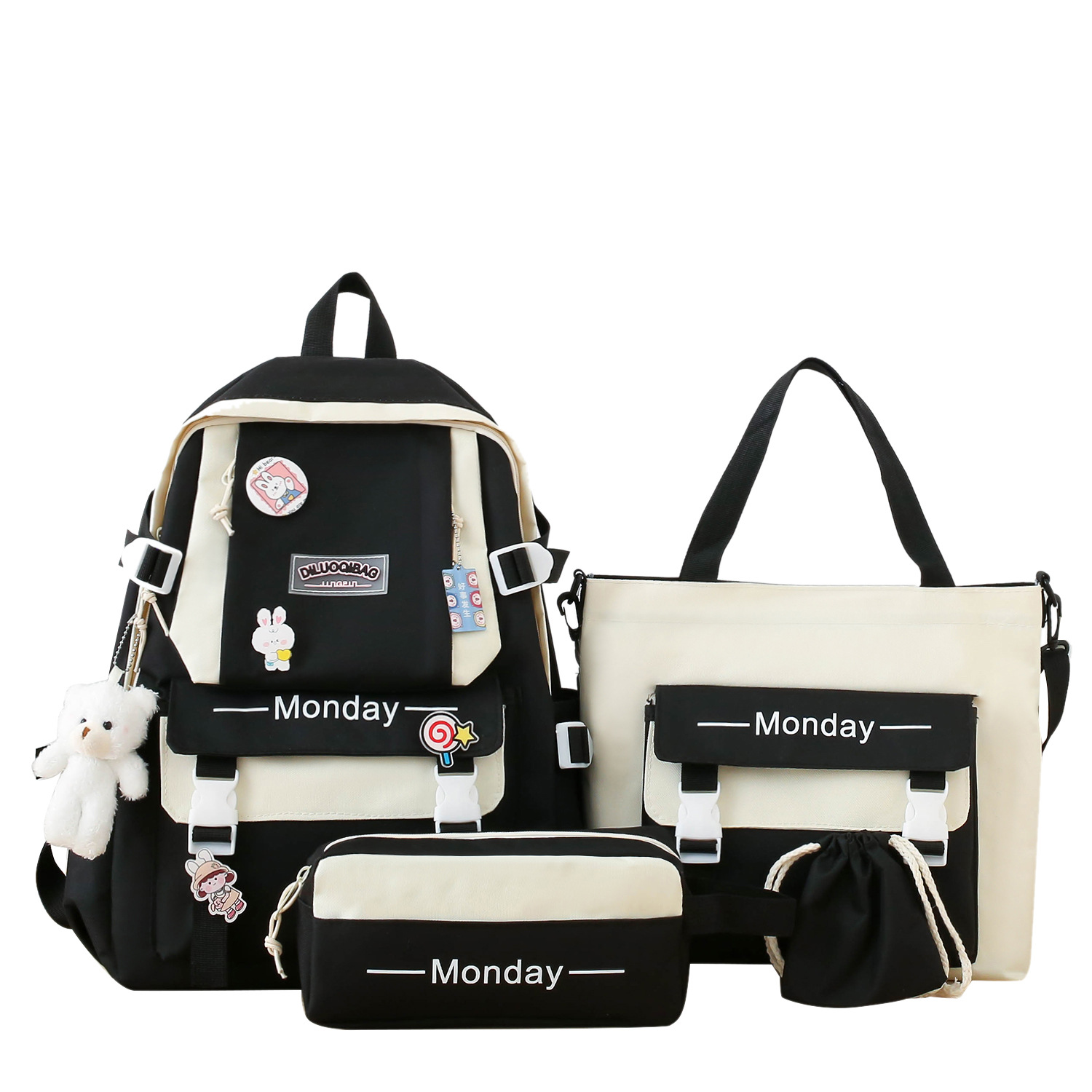 Four-Piece Schoolbag Female Mori All-Match Primary School Student Backpack Handbag Fashion Colorblock Large Capacity Junior High School Backpack