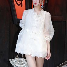 重工新中式女装唐装中国风茶艺服白色盘扣衬衫两件套装裤2023新款