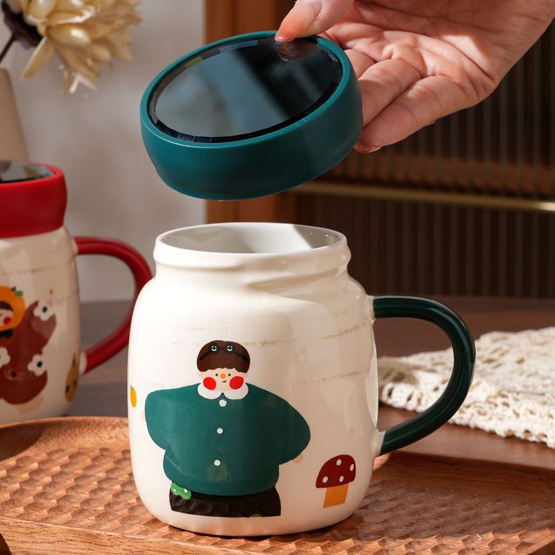 复古女孩镜面陶瓷杯大容量密封喝水杯办公室牛奶咖啡杯送礼印logo