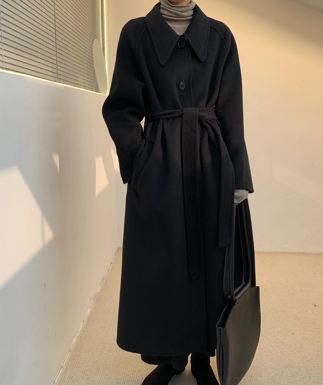 2021秋冬新款尖领腰带双面羊绒大衣长款宽松韩版气质淑女羊毛外套