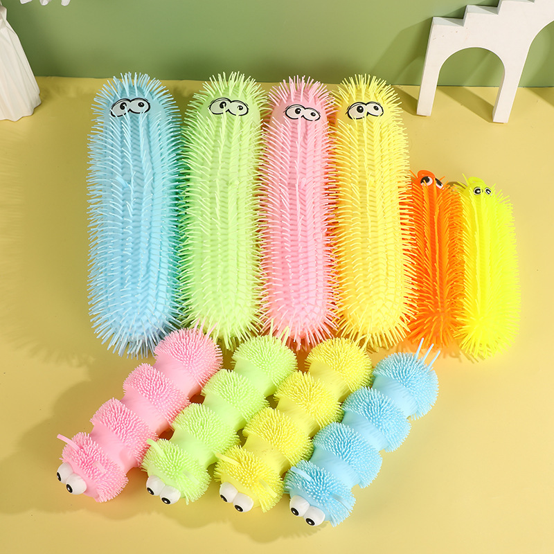 Stall Hot Sale Children's Toy Light-Emitting Strip Color Caterpillar Flash Decompression Hair Plush Toy in Stock Wholesale