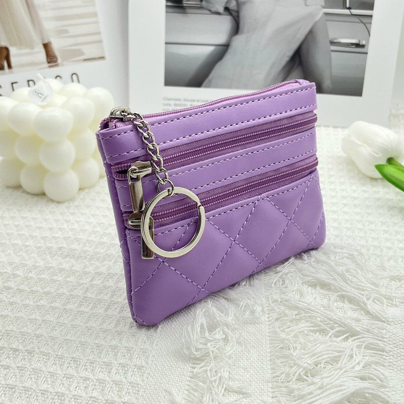 Women's Double Zipper Coin Purse Key Ring Multiple Card Slots Small Bag Rhombic Embroidery Thread Wallet Korean Mini Clutch