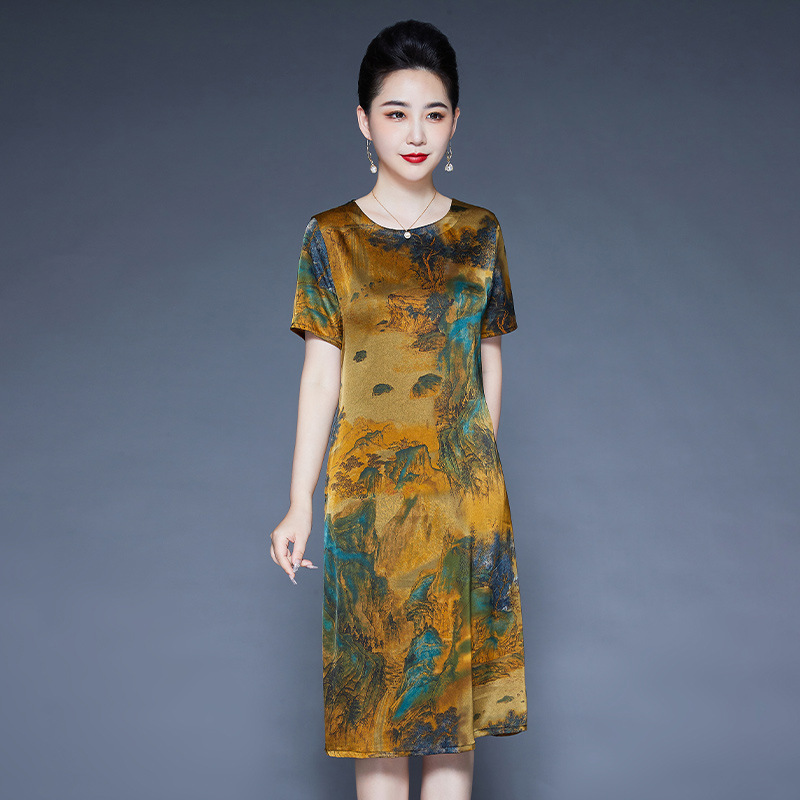 正品牌真丝连衣裙夏季气质妈妈夏装中老年女装洋气短袖桑蚕丝裙子