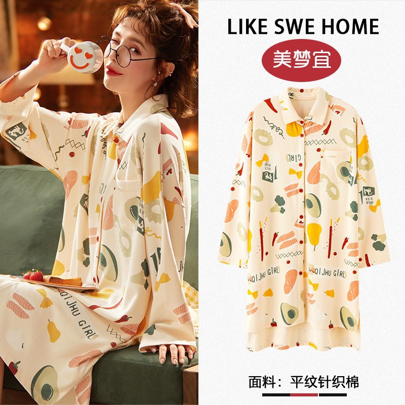 Nightdress Women's Pajamas Spring and Autumn Cotton Long Sleeve Loose Mid-Length Shirt Cardigan Shirt Homewear Dress