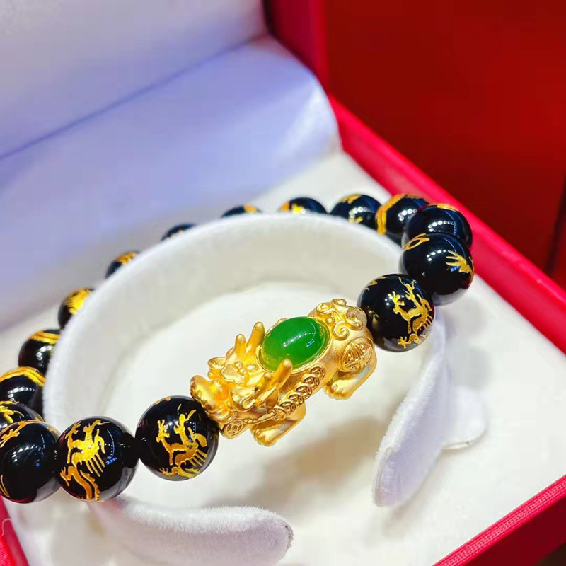 999足金貔貅手链男黄金镶碧玉玛瑙手串3d硬金路路通转运珠送礼