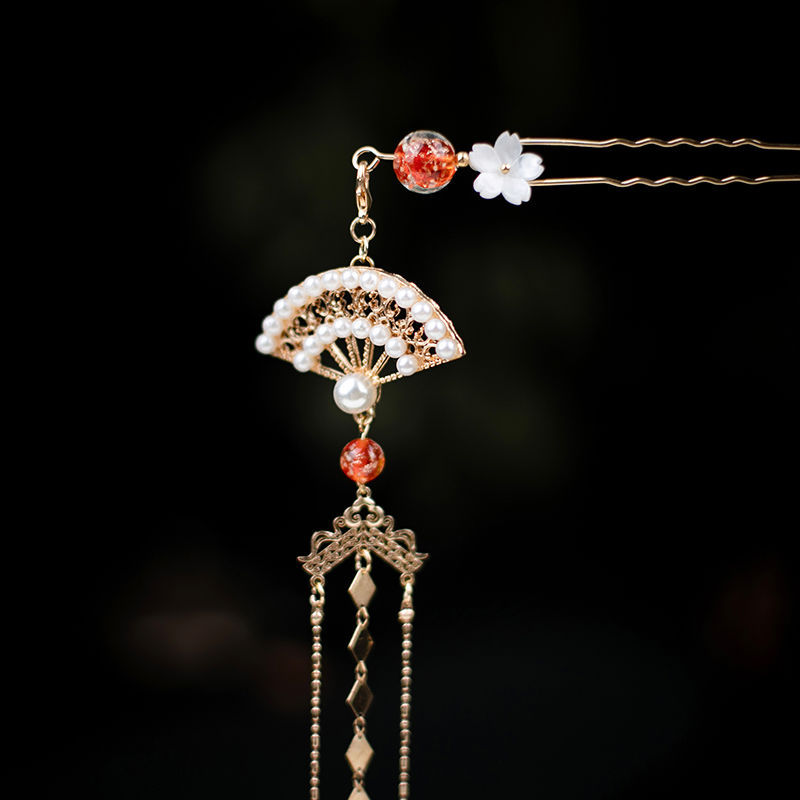 古风可摆动步摇扇子珍珠流苏发簪女夏天高级感汉服盘发簪子发钗