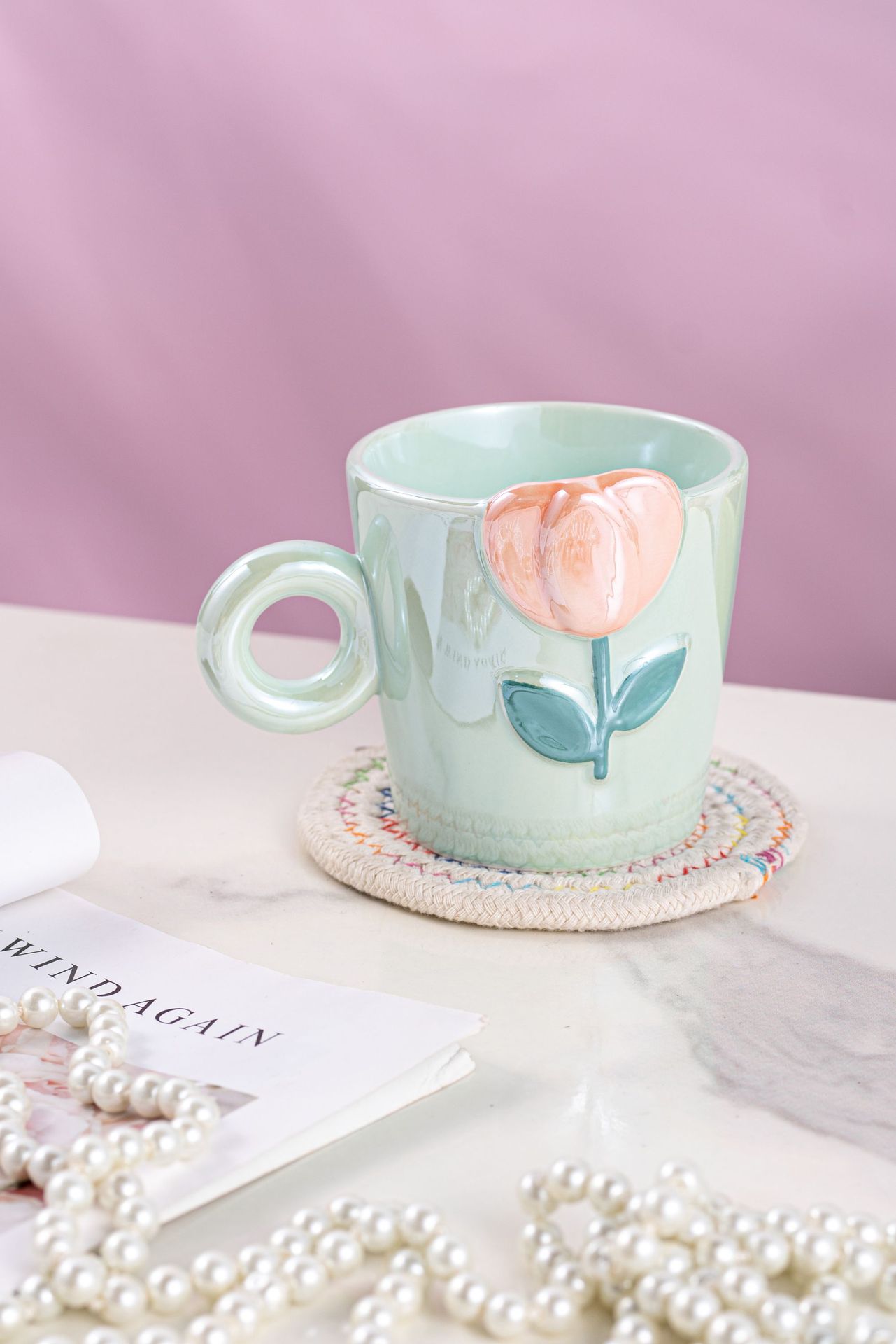 Embossed Tulip Ceramic Water Cup Advanced Young Girls Girlfriends Mug Coffee Cup Girlfriends Gift