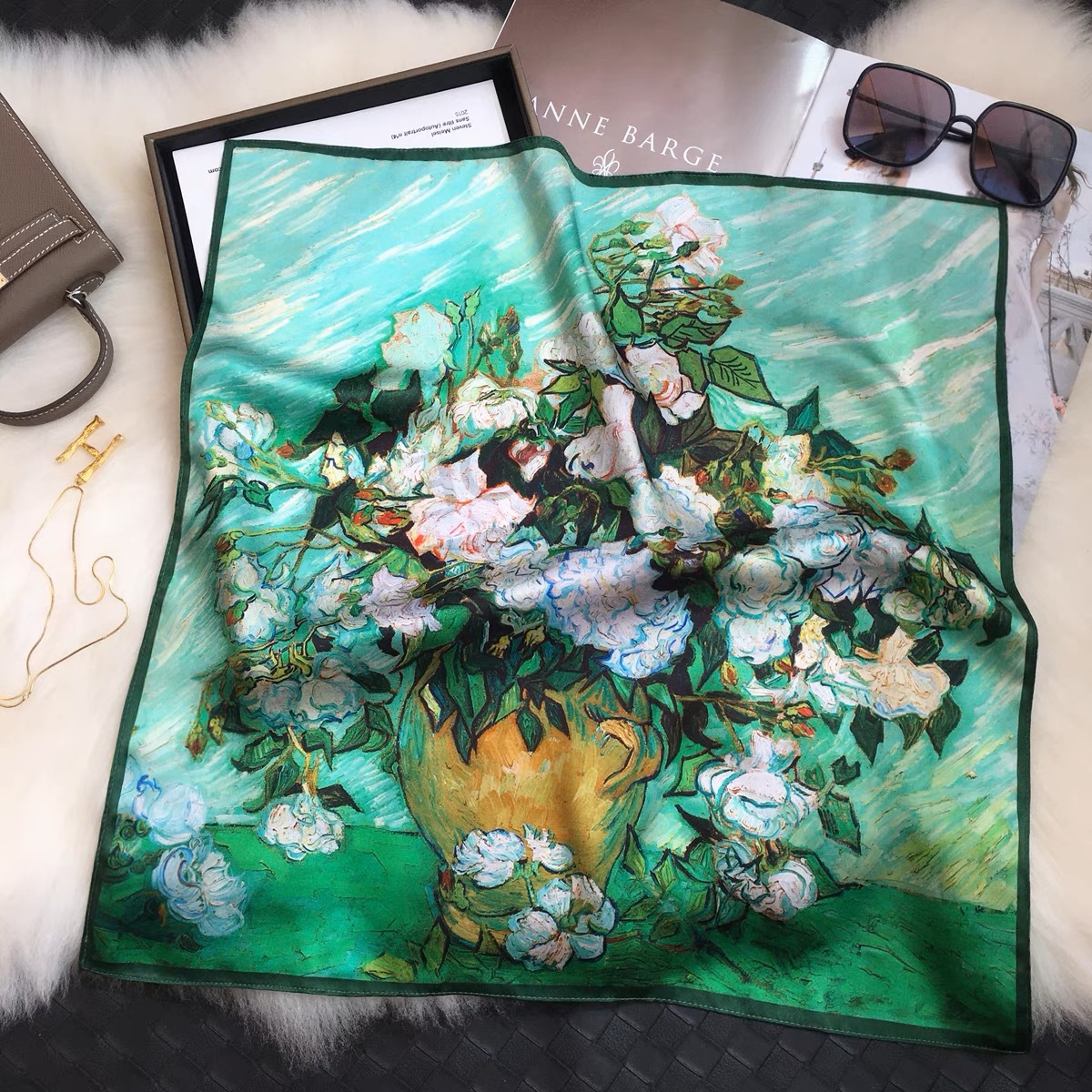 new green oil painting decorative silk small square towel all-match mulberry silk small scarf hair band gift scarf