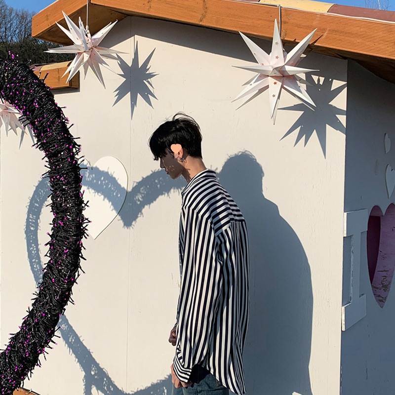 韩版男士薄款条纹衬衫男长袖宽松百搭上衣服寸衫修身港风潮流衬衣