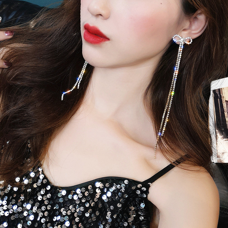 超长款蝴蝶结链条水钻长款流苏耳环气质韩国银针耳钉夸张网红耳坠