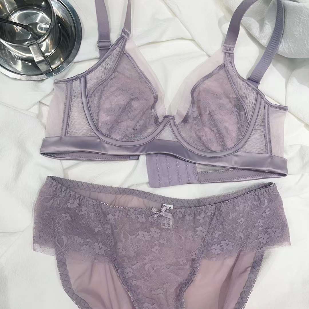 0066纯欲网纱蕾丝大胸显小水晶杯内衣薄软钢圈托胸防下垂文胸