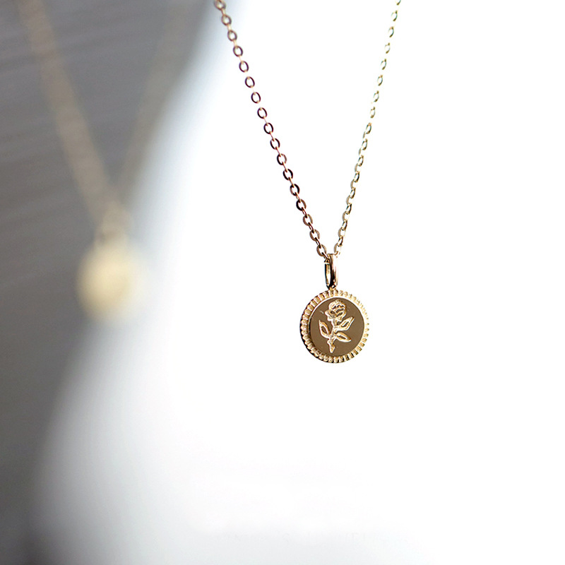 Rose Small Gold Coin S925 Sterling Silver Plated K Gold Necklace Bead Edge Glossy Carved Flower Mini Style Female Pendant