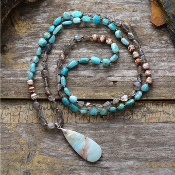 跨境女士拉布拉多水晶石玛瑙亚马逊石吊坠打结项链波西米亚项链