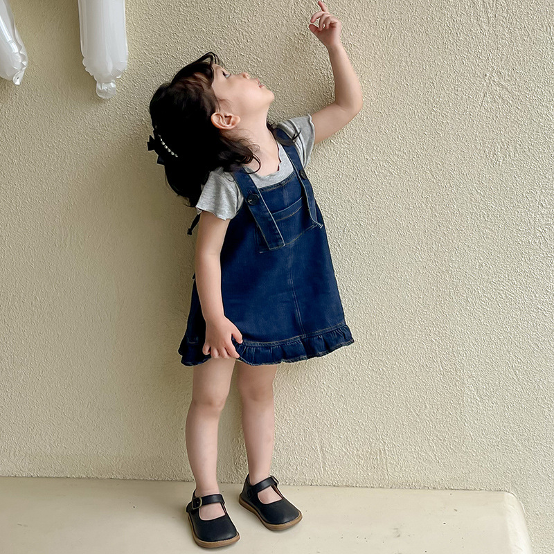 现货儿童牛仔背带裙夏季新款女宝宝超柔软牛仔裙萌宝炸街裙子
