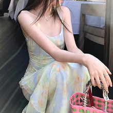 韩版长款雪纺印花收腰氛围感吊带连衣裙女2024夏季新款甜美裙子潮
