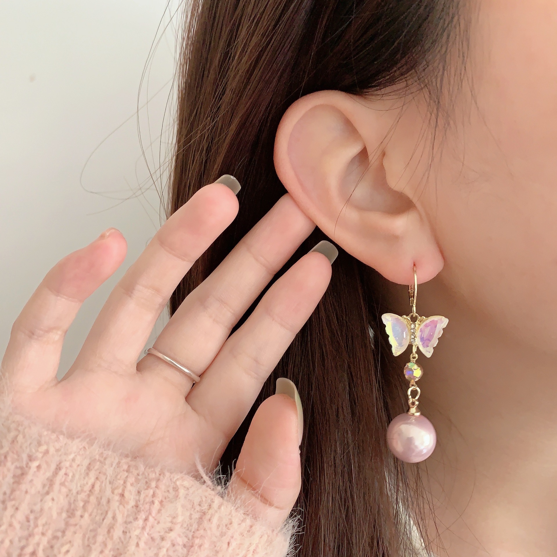 小众设计耳饰韩国气质水晶蝴蝶耳环女珍珠耳坠轻奢高级感微镶耳钩