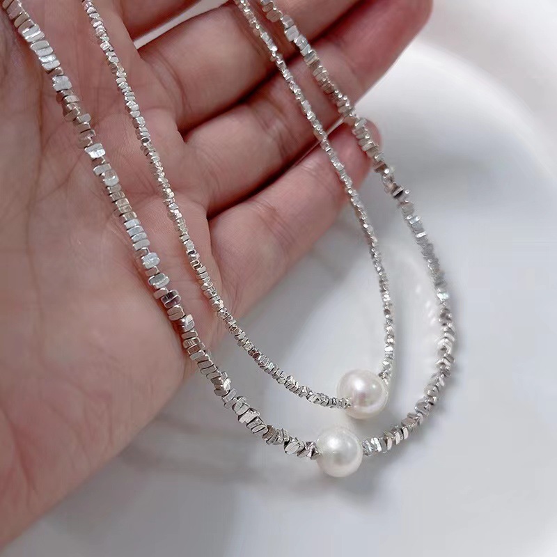 Factory Wholesale S925 Sterling Silver Small Pieces of Silver Pearl Necklace Women's Broken Silver Several Two Clavicle Chain Pure Necklace Small