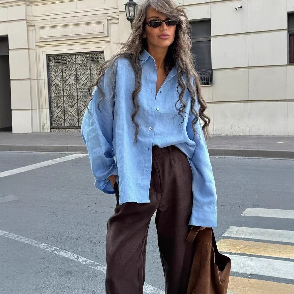 2025跨境欧美独立站春季新款女士翻领时尚纯色钮扣长袖休闲衬衫女