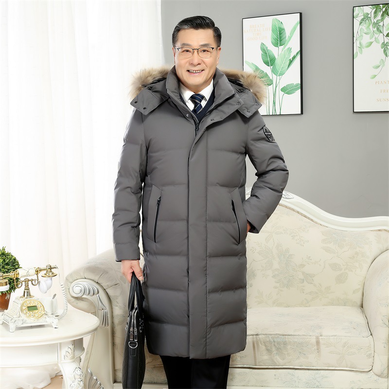 Dad Winter Clothes Middle-Aged and Elderly down Jacket Men's Overknee Long Thickened Cold Protection Fur Collar Hood Casual Parka Jacket