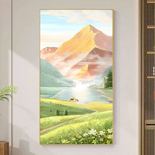 奶油风玄关装饰画客厅入户门正对墙挂画背有靠山水画沙发背景画