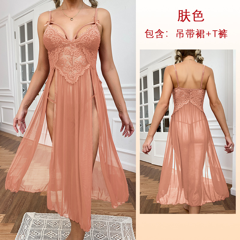 plus Size Sexy Mesh Deep V Lace Pajamas Side Slit Suspender Skirt Extended Home Wear Nightdress Women's Suit 413