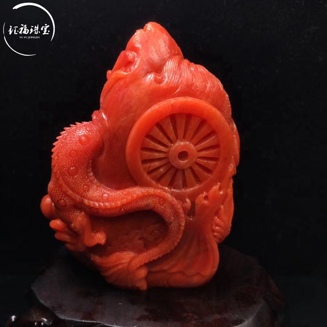 天然南红玛瑙雕刻摆件 龙凤呈祥 满色肉 玉质细腻 配底座证书
