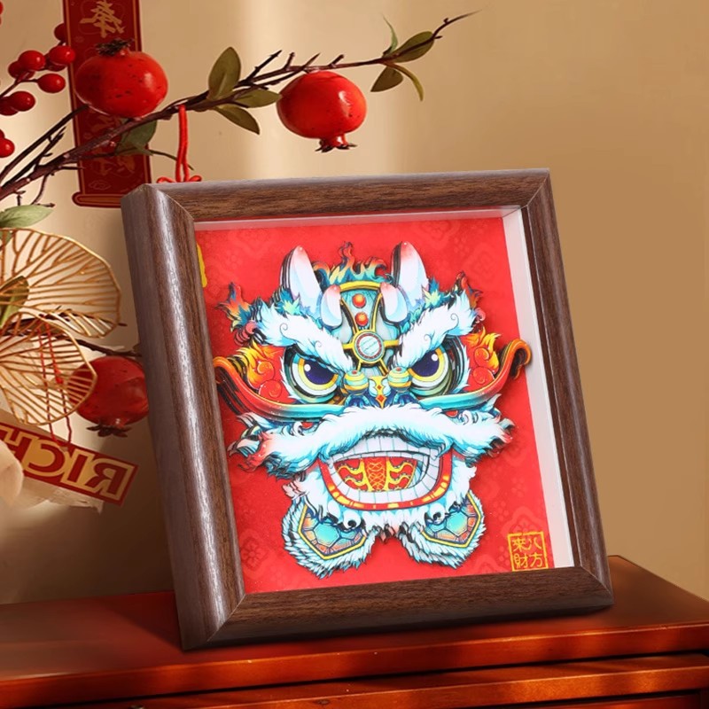 龙生九子实木相框国潮桌面摆台客厅电视柜醒狮3d立体剪纸文创摆件