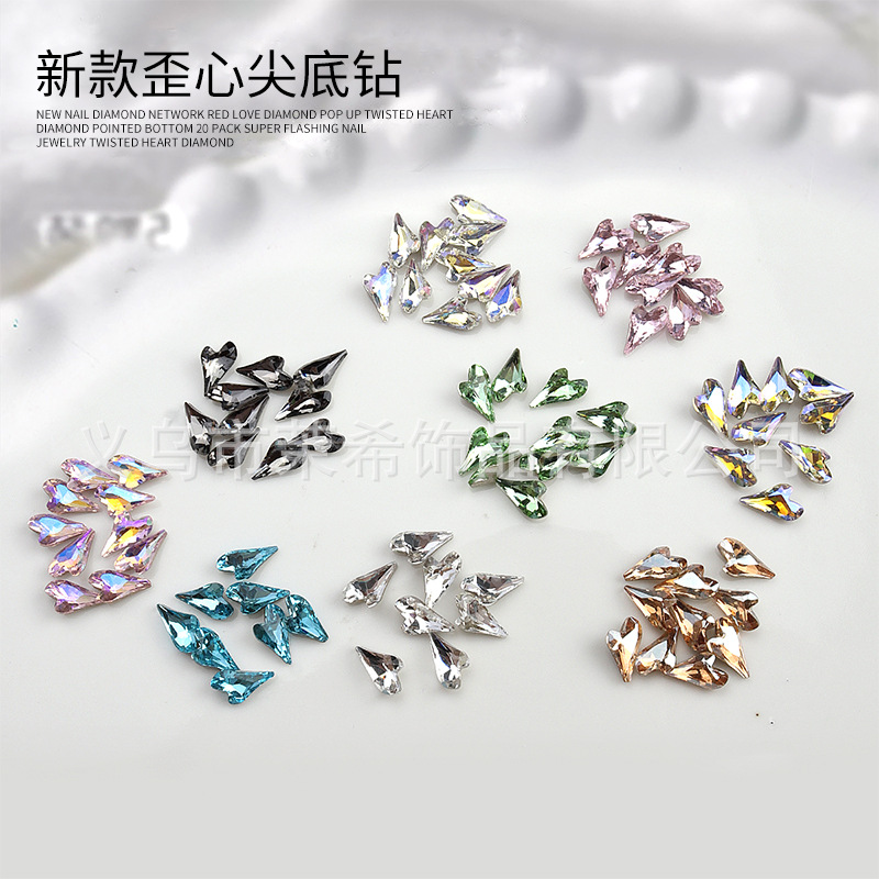 New Long Pointed Bottom Magic Color Crystal Crooked Heart Diamond Color Ice Transparent Super Flash Nail Beauty Crystal Diamond Nail Jewelry