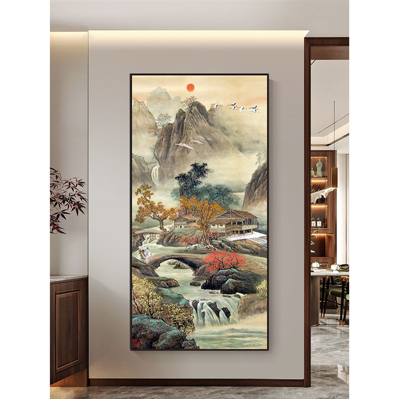 风景山水画入户靠山中式进门玄关墙贴壁画过道尽头装饰画竖版贴画