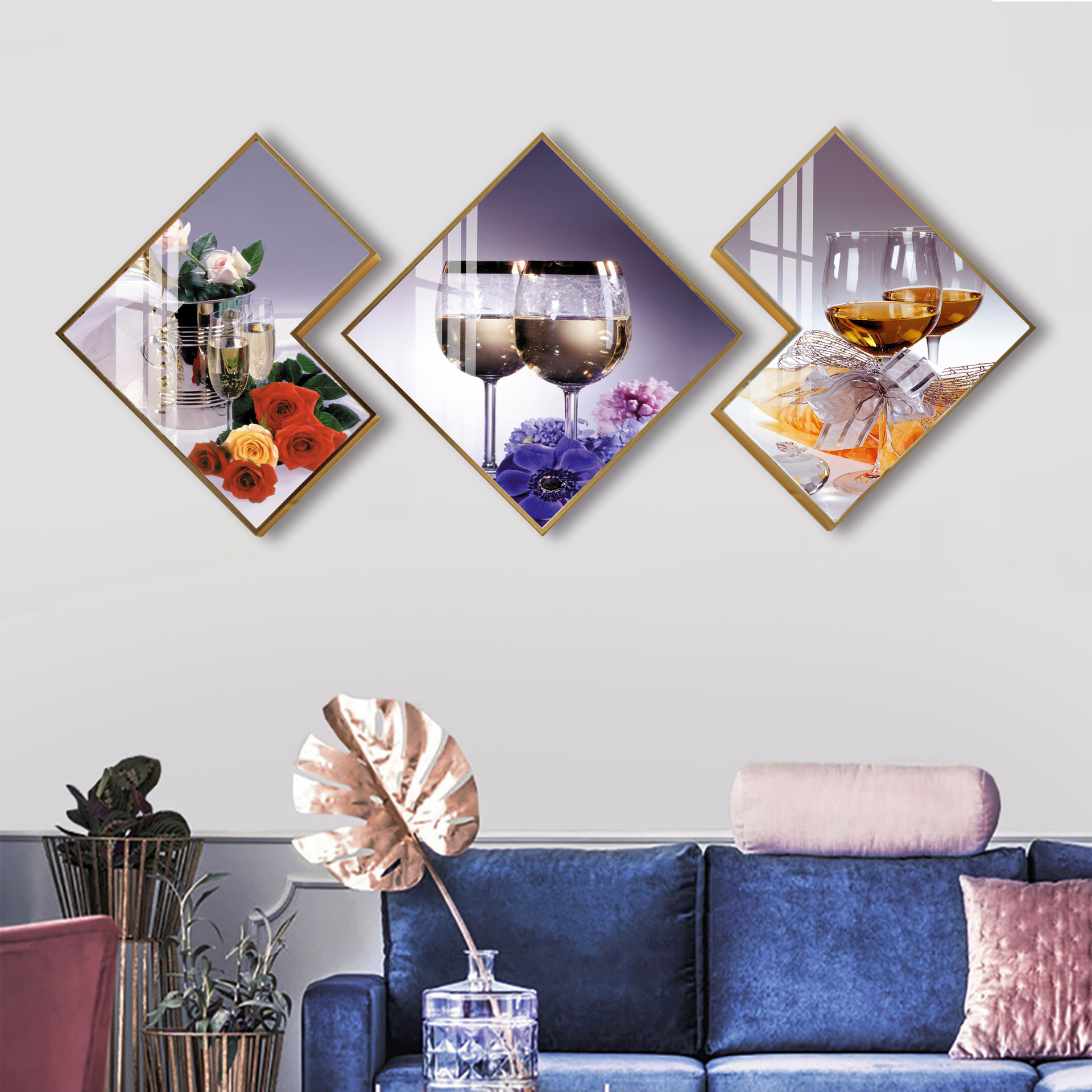 新中式多边形创意现代简约客厅装饰画背景相框照片墙组合三联画