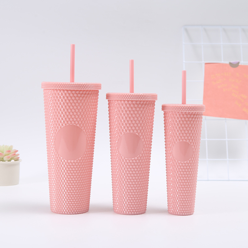Trending Creative Diamond Plastic Cup Three-Piece Set Large Capacity Solid Color Cup with Straw Single Layer Tie Hand Durian Cup Wholesale