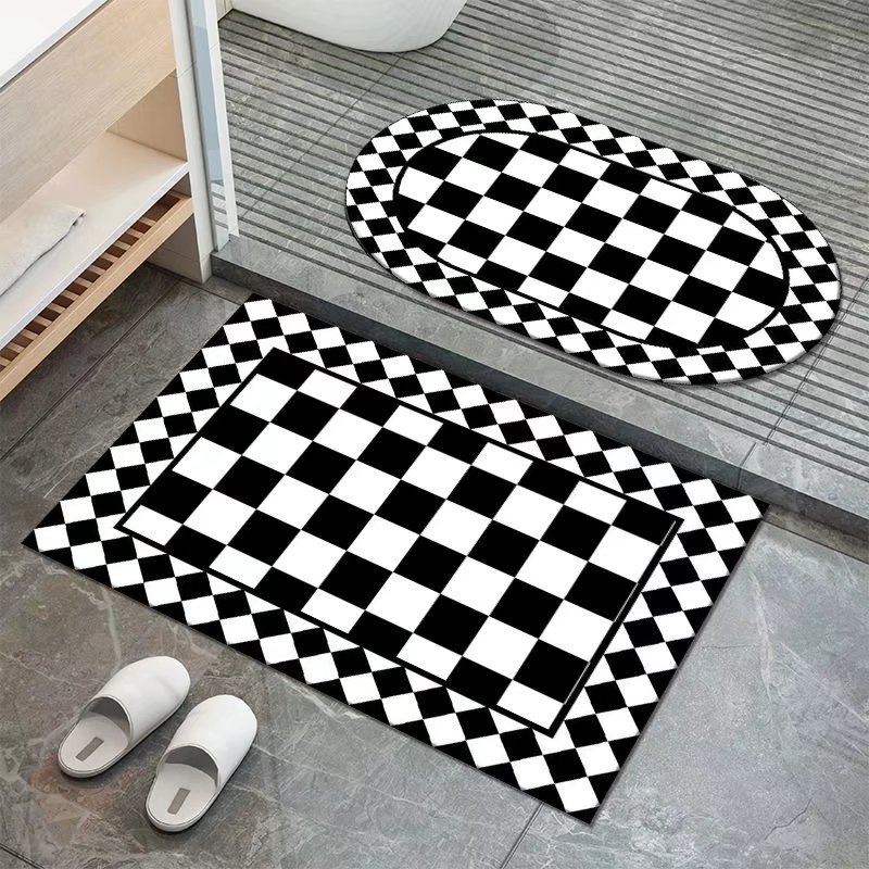 Affordable Luxury Style Diatom Ooze Chessboard Grid Bathroom Mats Black and White Plaid Water-Absorbing Non-Slip Mat Kitchen and Bathroom Door Quick-Drying Foot Mat