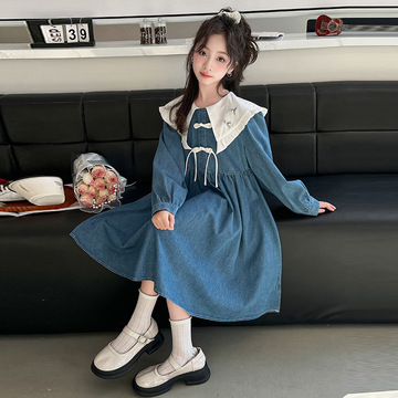 女童国风娃娃领牛仔连衣裙春款中大儿童洋气长袖休闲公主裙子批发