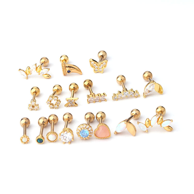 16G Titanium Steel Thick Pen Opal Stud Earrings Korean Popular Trendy Zircon Ear Bone Stud Piercing Earrings