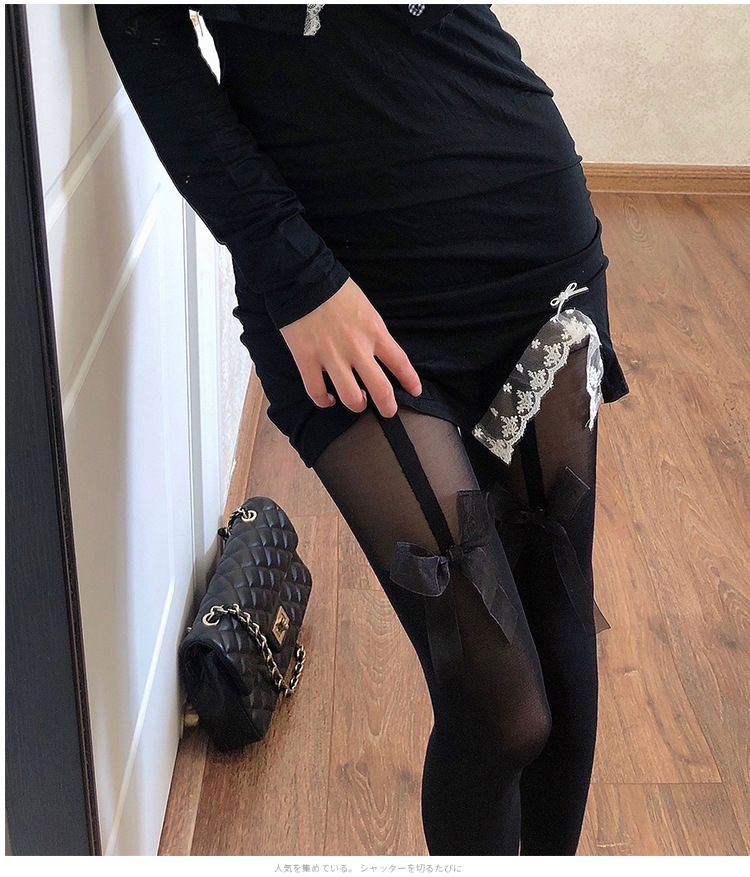 jk夏薄款黑丝假大腿女白色纱带连裤袜吊带拼接袜ins飘带假高筒袜