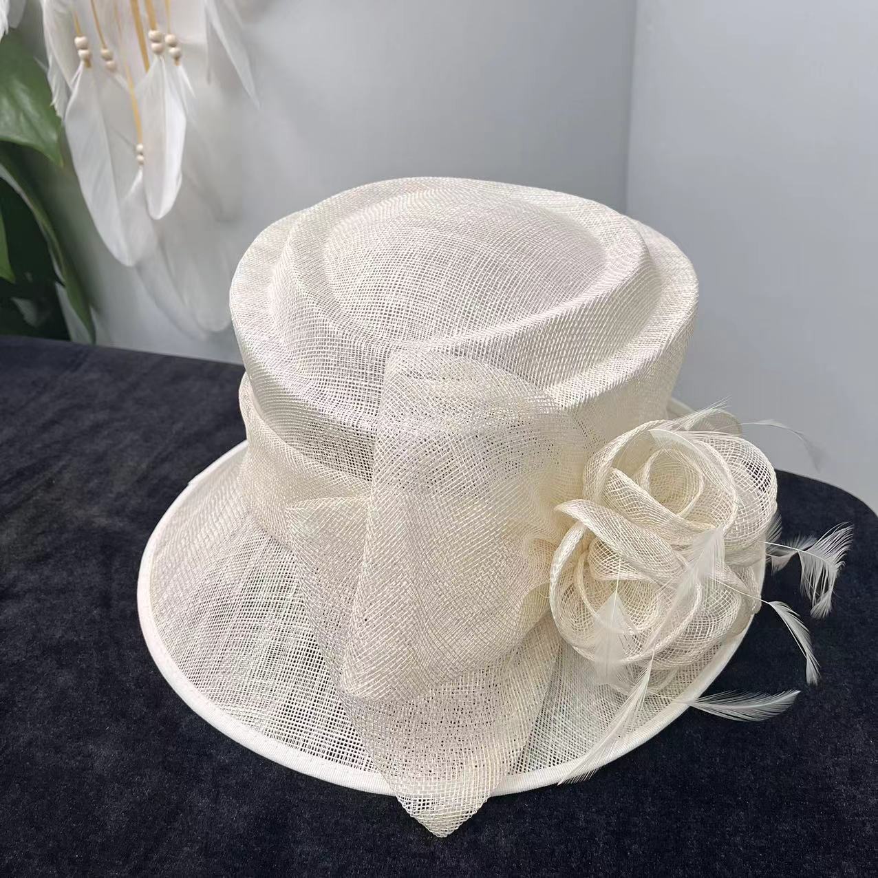 新款麻纱帽礼帽英伦复古帽子女春夏花朵外贸帽子大头围